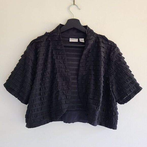 Chico's Open Front Top 3 = XL Black Ruffles Topper Bolero Shrug Witchcore Sheer - Picture 3 of 9